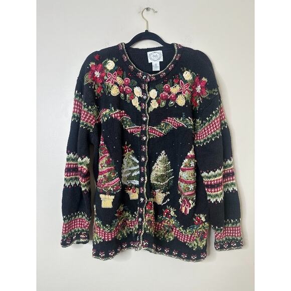 Vintage Stitches In Time Christmas Embroidered Cardigan Sweater Size 2X Cottage - Picture 1 of 13